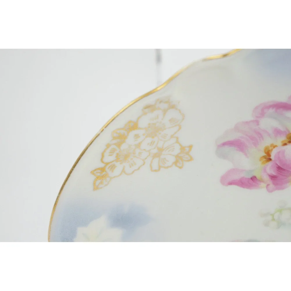 Vintage Made in Germany Porcelain Cake Plate Pink Tulips Floral Gold Trim 10 EUC